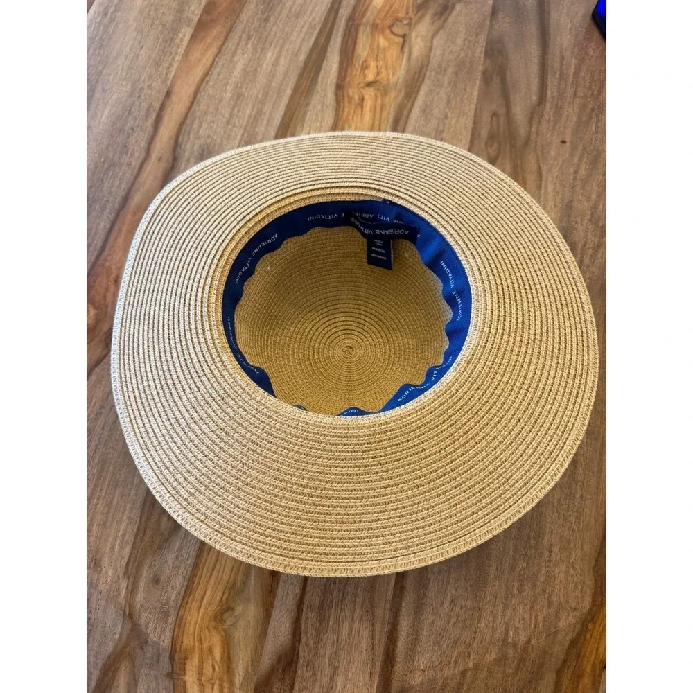 Adrienne Vittadini Tan Paper‎ Straw Sun Hat Navy Blue White Ribbon Rhinestones